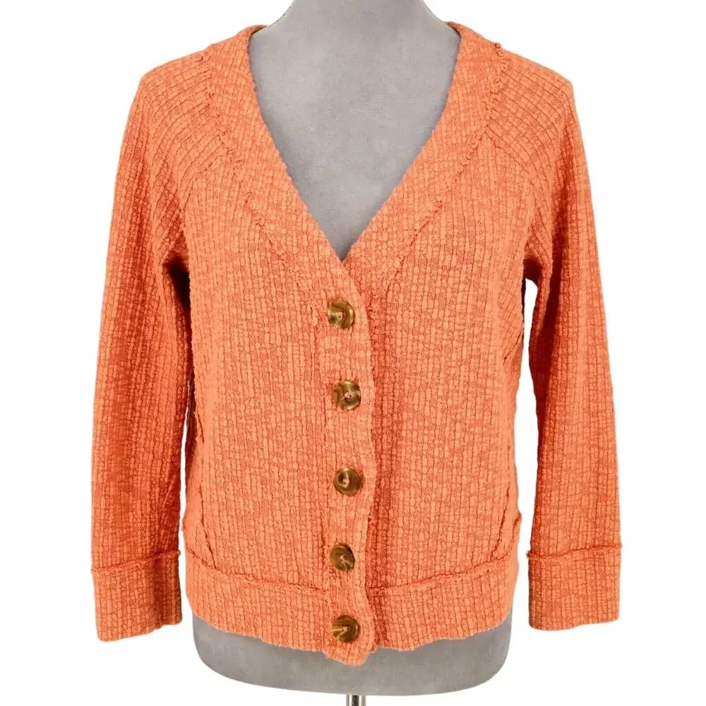 Two by Vince Camuto Sweater Womens Small Orange Cardigan Stretch Cotton V Neck